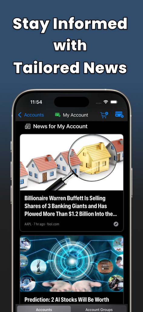 Portfolio Tracker: Finance Bay - Feed de notícias financeiras personalizado no aplicativo rastreador de portfólio Finance Bay mostrando atualizações do mercado de ações e insights de investimento