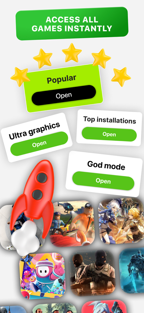 Happi Mod app interface showing game modification options like god mode and ultra graphics with popular game icons