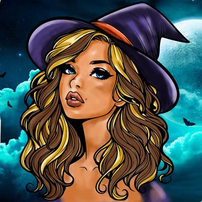 realistic witch girl with wavy hair and lips