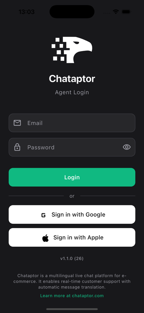 Pantalla de inicio de sesión del agente para la aplicación Chataptor Mobile en modo oscuro, con opciones de inicio de sesión con correo electrónico, contraseña y redes sociales.
