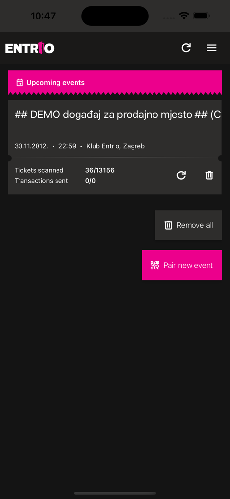 Entrio scan mobile app interface showing upcoming events with ticket scanning statistics and a pair new event button