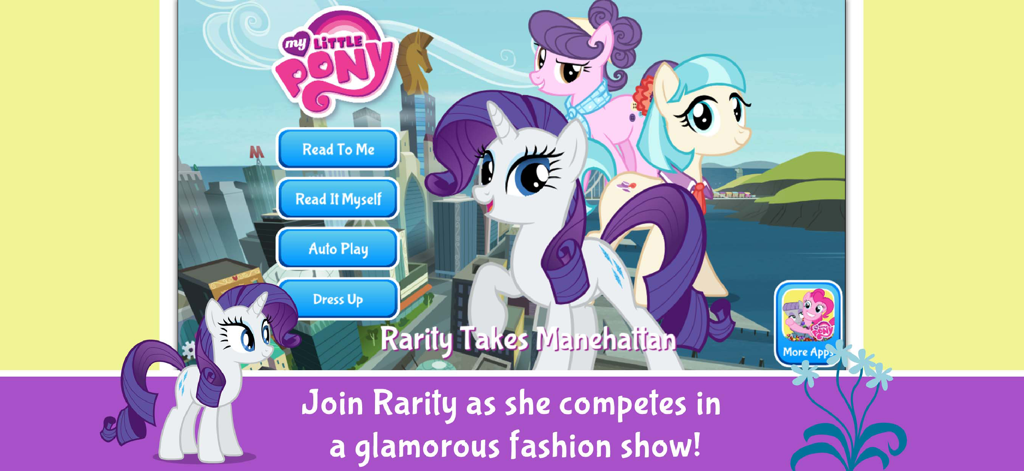 Menú principal de la aplicación My Little Pony Rarity Chic que presenta a Rarity en Manehattan con botones para los modos de lectura y disfraces