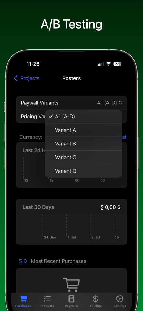 FreemiumKit: In-App Purchases - Dashboard di A/B testing per varianti di paywall nell'app iOS di FreemiumKit.