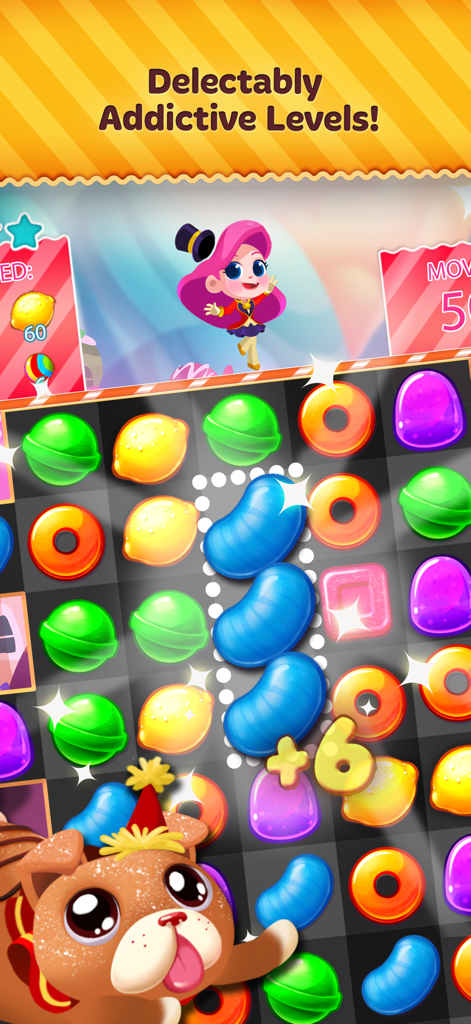 Colorful match 3 puzzle grid in Candy Blast Mania with Candy Girl and her dog
