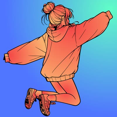realistic girl jumping with a bun and oversized sweatshirt