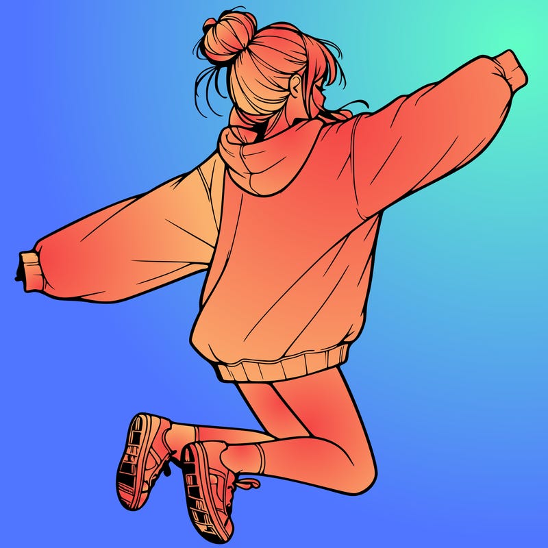 realistic girl jumping with a bun and oversized sweatshirt