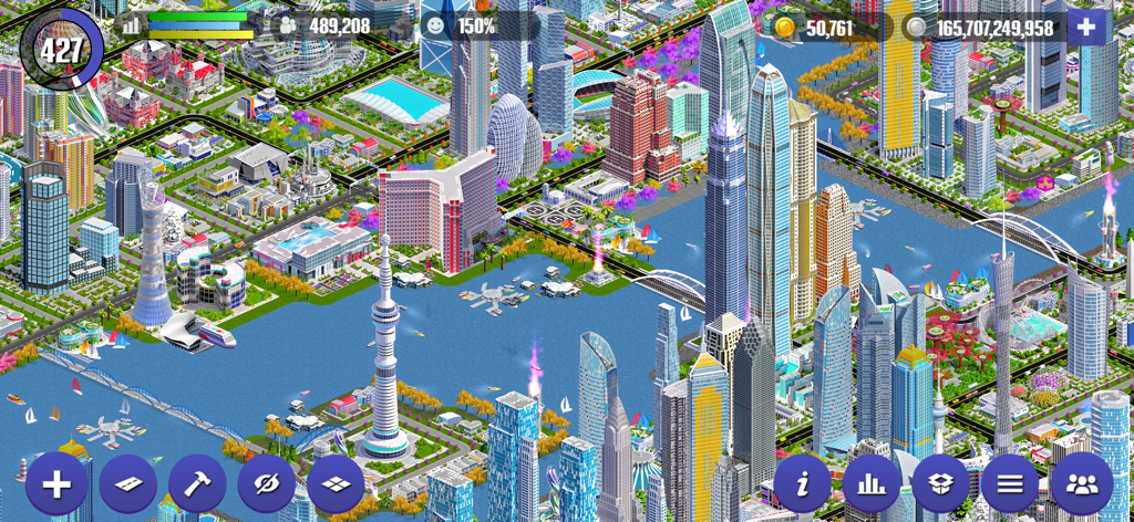 Designer City 2 - Una densa ciudad urbana con rascacielos y puentes en el juego de simulación Designer City 2