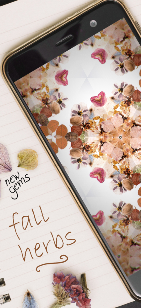Real Kaleidoscope PRO - Smartphone displaying a kaleidoscope pattern made of dried autumn flowers and herbs