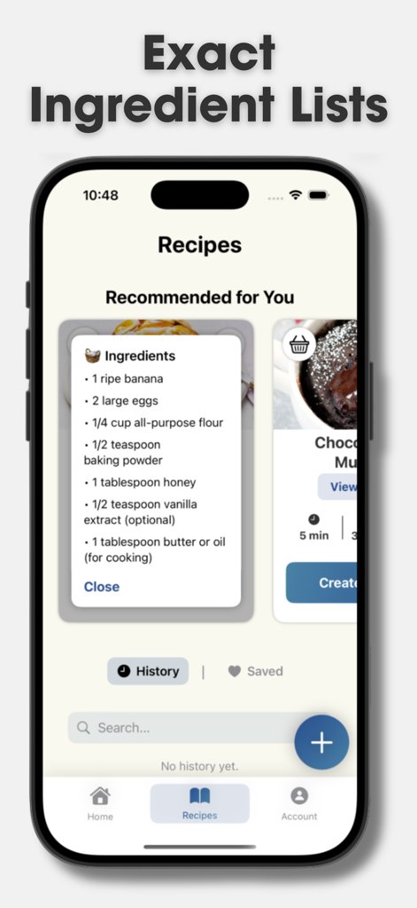 Recipi: AI Recipe Maker - Interfaz de la aplicación Recipi que muestra una lista detallada de ingredientes para una recomendación de receta saludable personalizada