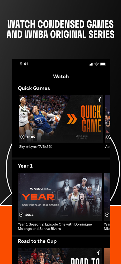 WNBA: Live Games & Scores - WNBA app watch interface showing condensed games and original series episodes like Year 1