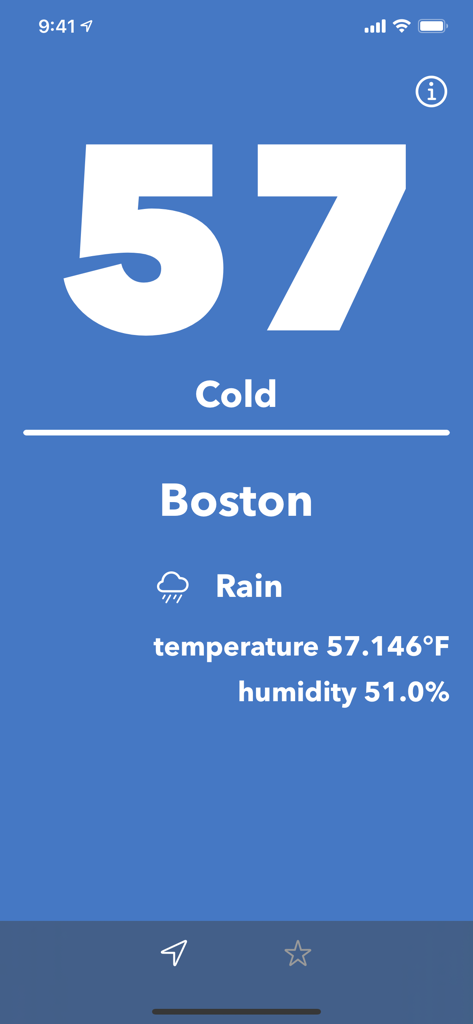 Feel - View weather comfort - Interface of the Feel weather app showing a cold heat index of 57 for Boston with temperature and humidity details.