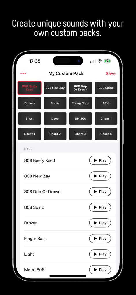 Beat Maker - Sampler - Interface for creating custom sound packs in the Beat Maker Sampler app featuring a grid of drum pads and a list of bass samples.