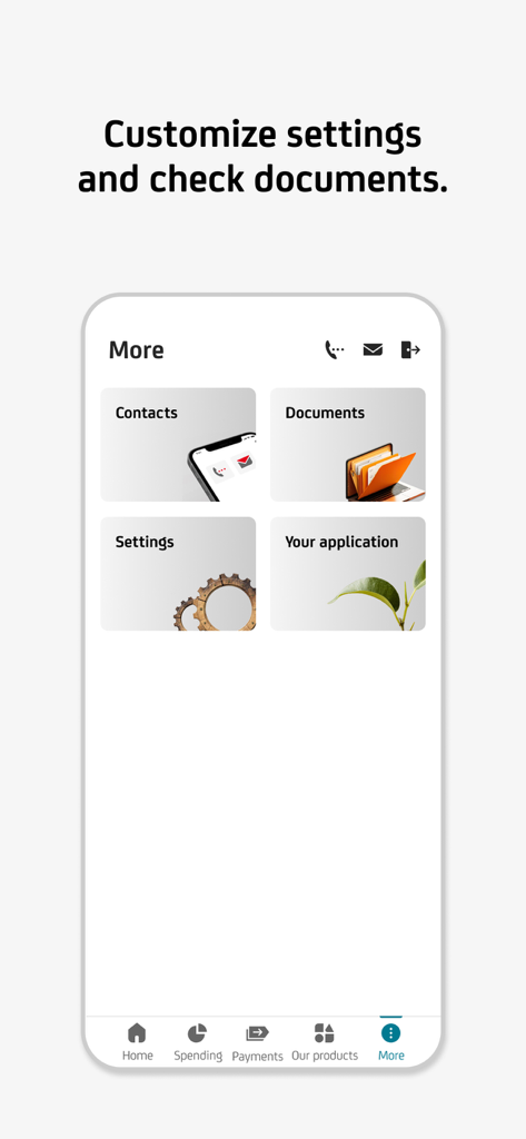 m-ba - Interface of m-ba mobile banking app showing menu for settings documents and contacts