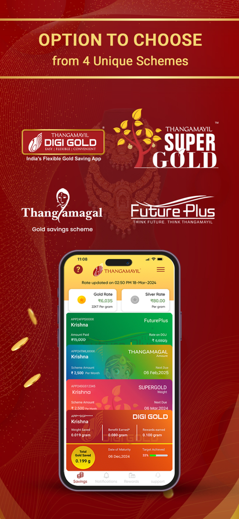 Interface of the Thangamayil DigiGold app showcasing four unique gold savings schemes for the Indian diaspora.