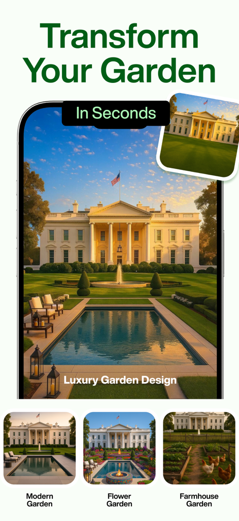 AI Garden Design: Landscape - Interface of AI Garden Design app showing luxury garden makeovers in Modern, Flower, and Farmhouse styles.