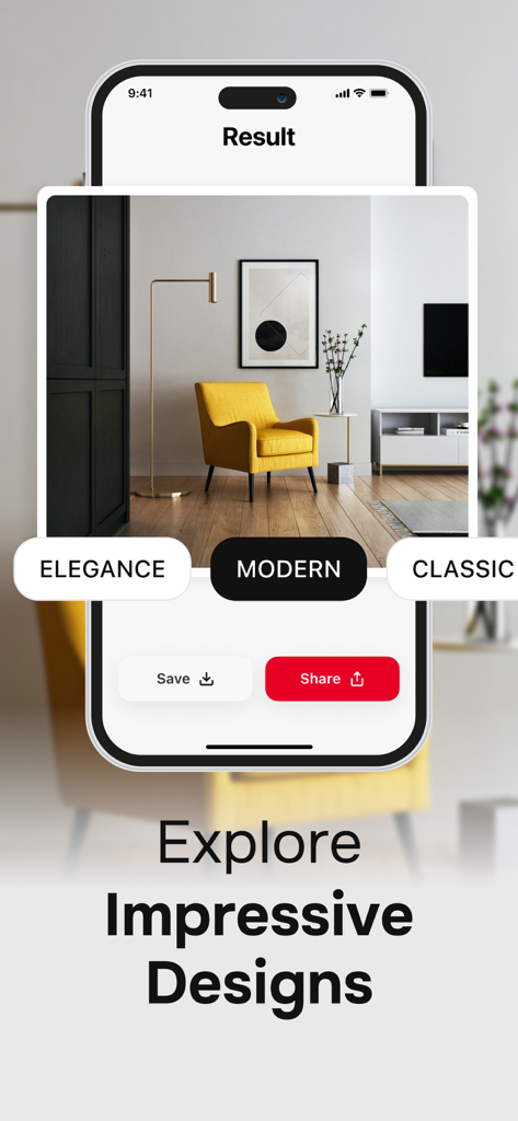 AI Interior Design Remodel App - AI app interface displaying a modern interior design result with a yellow armchair and minimalist decor