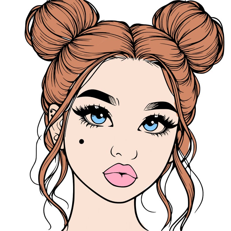 realistic girl with two buns on her hair and lips
