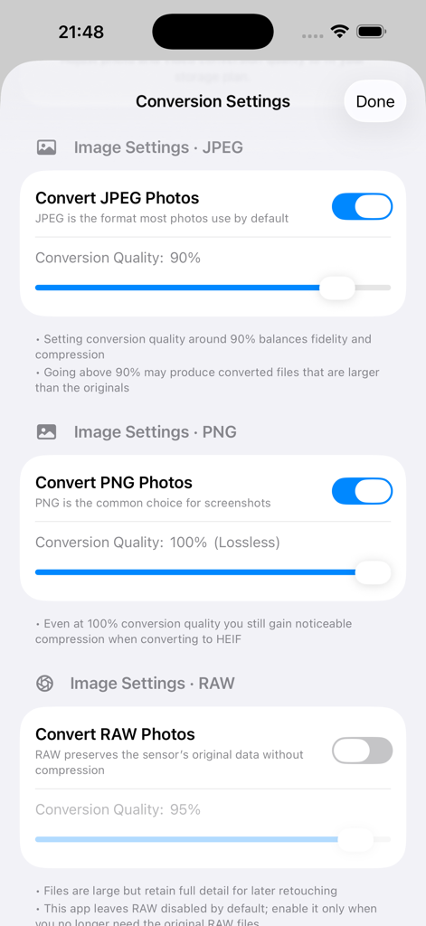 HEIF & HEVC Converter - Conversion settings menu showing quality sliders for JPEG PNG and RAW photo formats in the HEIF and HEVC Converter app.