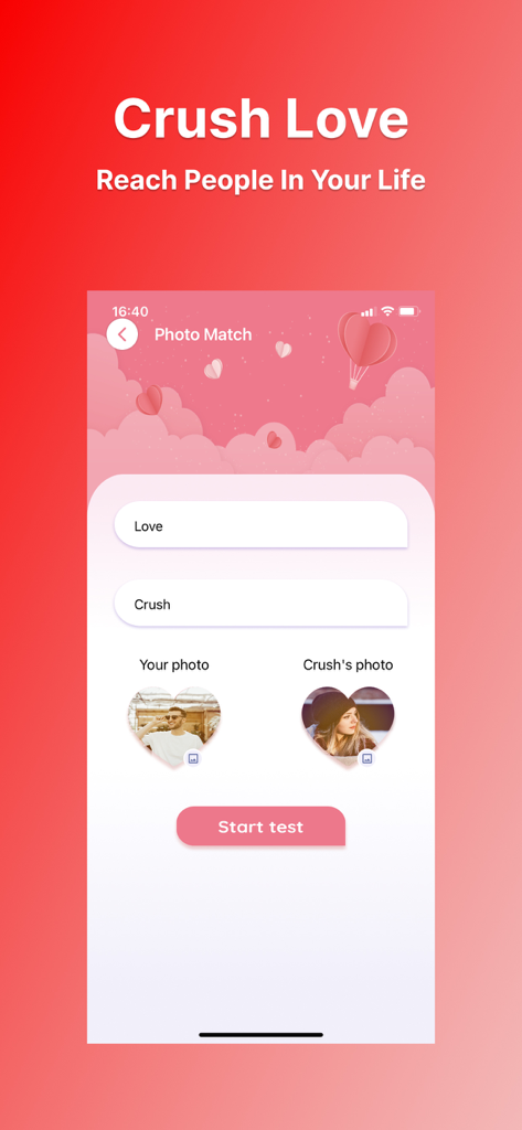 Crush Love Calculator Test - Crush Love Calculator app Photo Match interface with heart shaped photo uploads