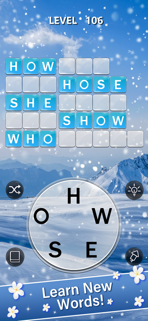 Schermata del gioco di puzzle Otium Word con una griglia di parole e uno sfondo di montagne innevate