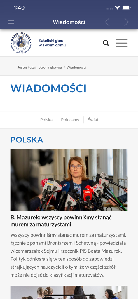 Radio Maryja - News section of the Radio Maryja app featuring a Polish political article and the station logo.