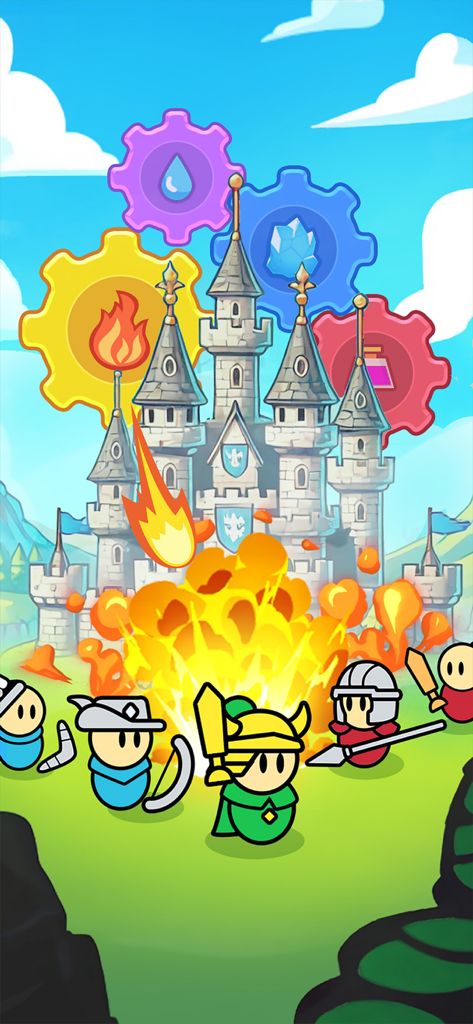 Fortress of Gears - Cartoon medieval castle with colorful floating gears and soldiers in a battle scene