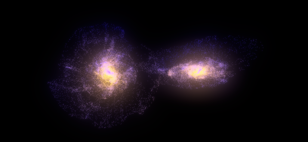 Milky Way: Cosmic Playground - Hyper-realistic simulation of two spiral galaxies interacting and colliding in deep space