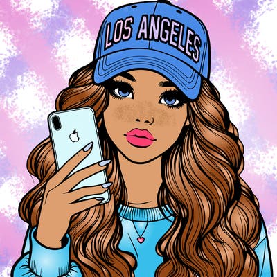 realistic beautiful girl wearing los ángeles cap holding an iphone