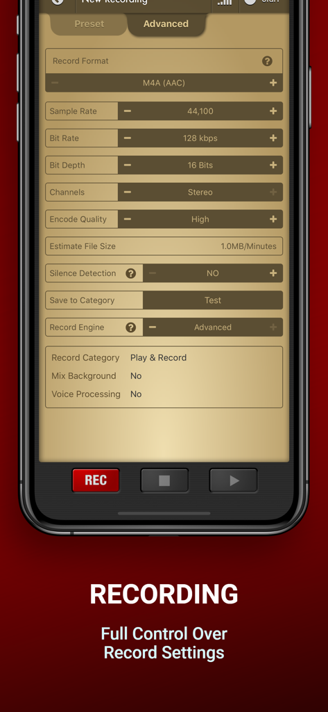 Voice Record Pro - Voice Record Pro advanced recording interface showing detailed audio configuration settings for bitrate and sample rate