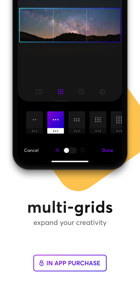 Panols - App interface showing options to split a panoramic photo into multiple grid squares