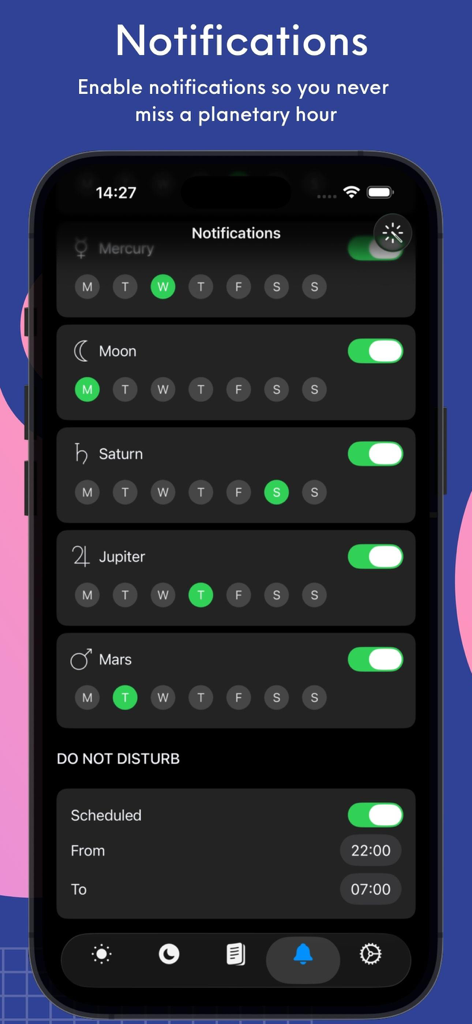 Planetary Hours by Planetaro - Oberfläche der Benachrichtigungseinstellungen für die Planetenstunden-App, die Zeitpläne für Planeten anzeigt.