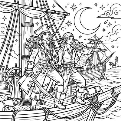 Embark on a high-seas adventure with our captivating coloring page featuring two fierce female pirates under a mystical night sky. Perfect for those who dream of treasure, freedom, and epic tales.