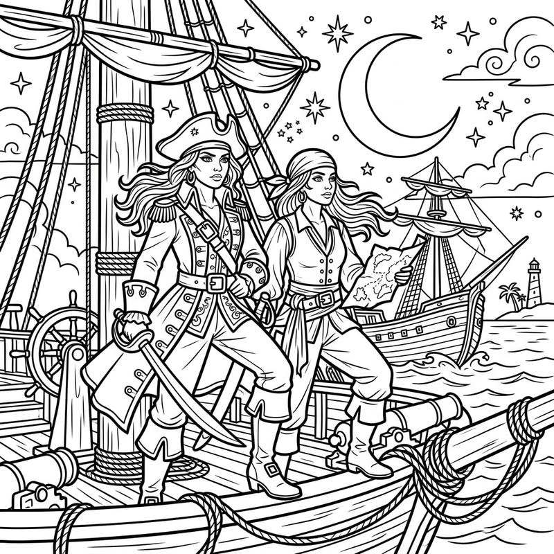 Embark on a high-seas adventure with our captivating coloring page featuring two fierce female pirates under a mystical night sky. Perfect for those who dream of treasure, freedom, and epic tales.