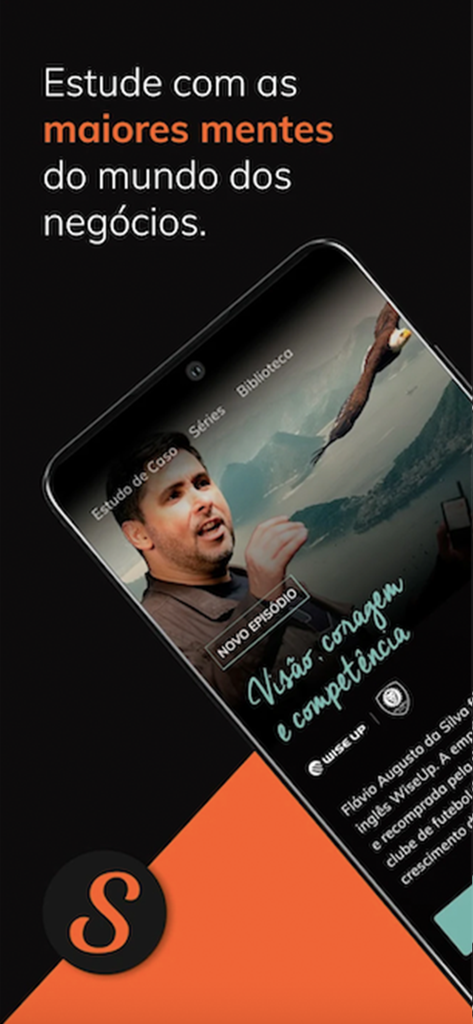 Interface do aplicativo móvel meuSucesso mostrando uma videoaula de estudo de caso de negócios para empreendedores