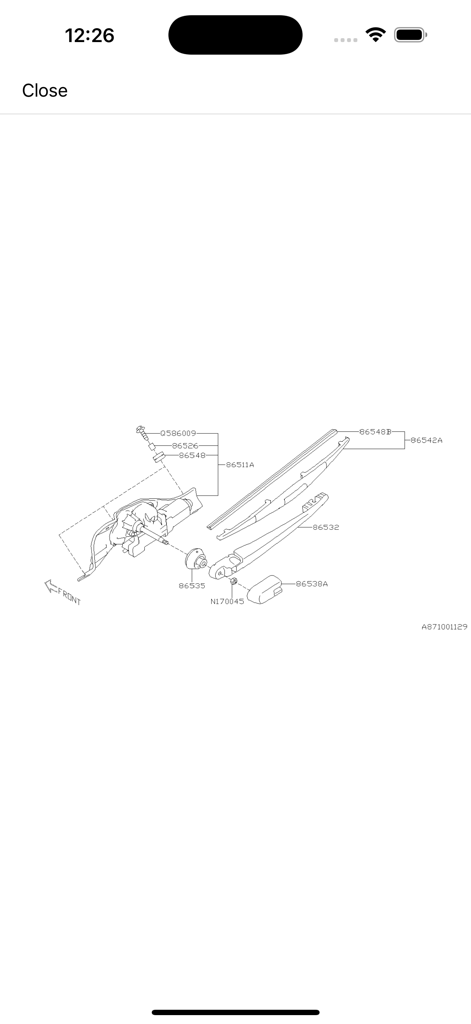 Technical exploded view diagram of a Subaru windshield wiper assembly showing part numbers for the arm and motor