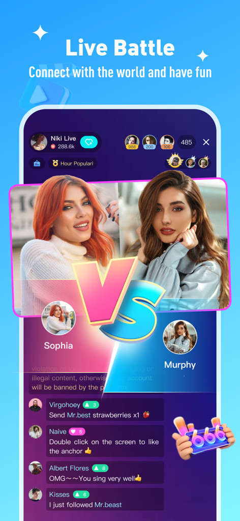 Interface do aplicativo Niki Live mostrando uma batalha PK ao vivo entre dois anfitriões com chat em tempo real e engajamento do espectador