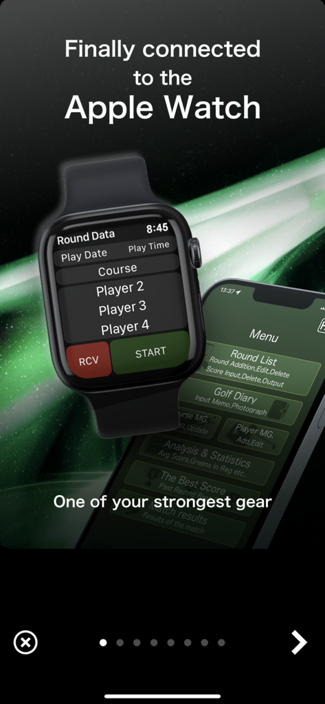 Best Score - Golf Score Manage - Best Score golf app interface showing Apple Watch and iPhone integration for round data tracking.