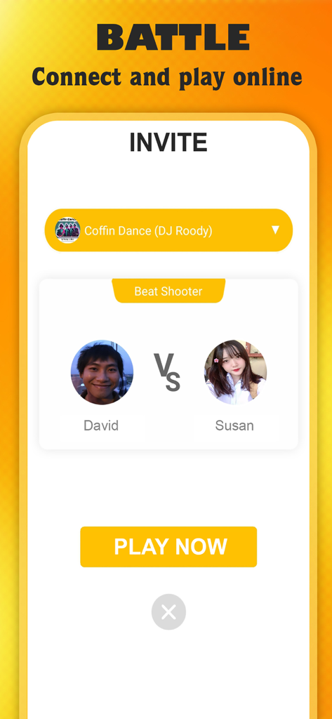 Fega - Music game - Pantalla del juego musical Fega mostrando una invitación a una batalla en línea entre dos jugadores para un juego de disparos de ritmo.