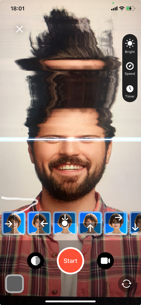 Mobile interface showing a man using a horizontal time warp scan filter to distort his face