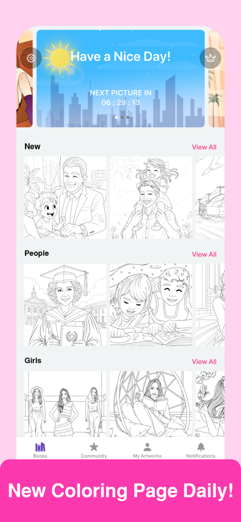 Colorgram app interface showing categories of new coloring pages for adults