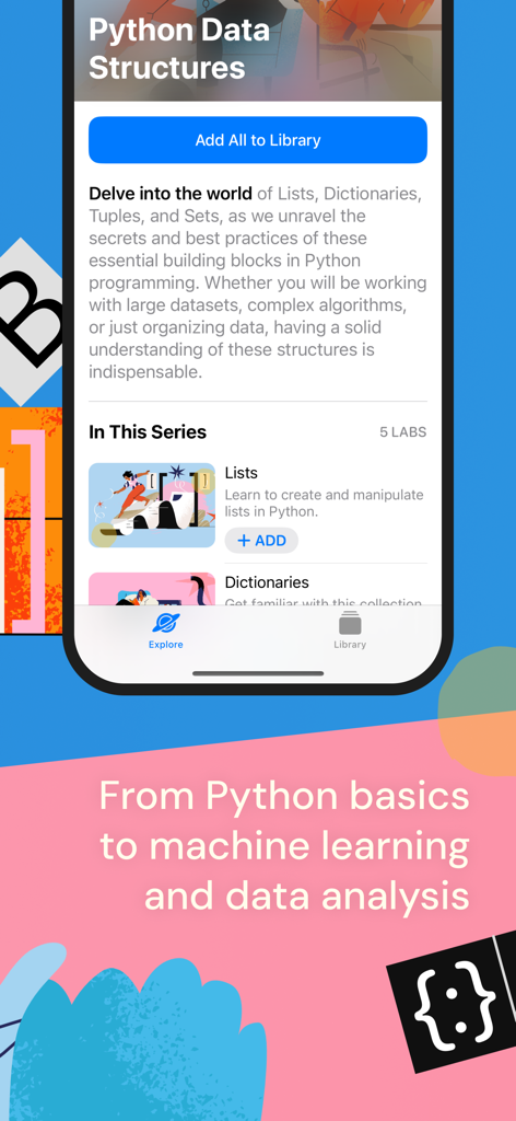 Learn to Code – Tinkerstellar - Tinkerstellar Mobile App-Oberfläche zeigt eine Reihe von Python-Datenstruktur-Lektionen