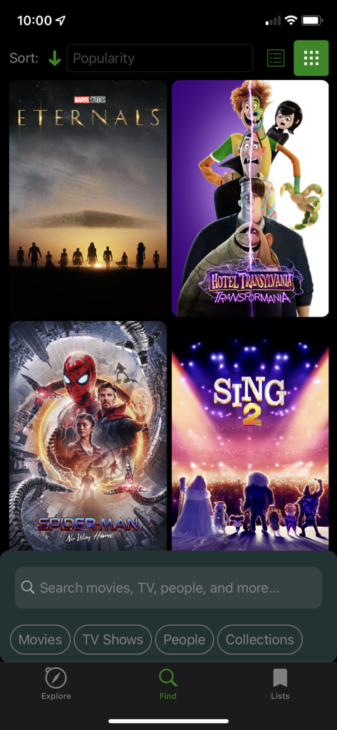 Nexus Movies & TV - Interfaz de búsqueda de la aplicación Nexus Películas y TV mostrando películas de tendencia y filtros de búsqueda