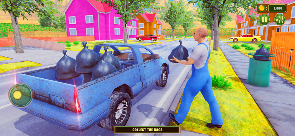 Lawn Mower - Mowing Simulator - Un personaje con mono azul cargando bolsas de basura negras en la parte trasera de una camioneta pickup azul en un colorido vecindario suburbano.