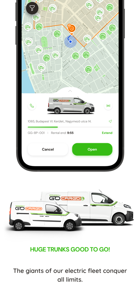 GreenGo - Smartphone screen displaying the GreenGo app map and a selected electric cargo van for rent.