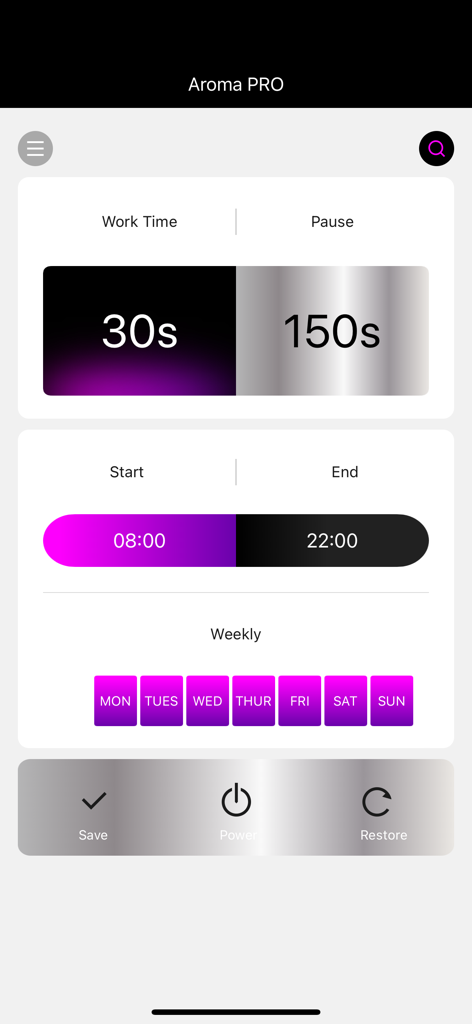 Aroma pro - Aroma pro app interface showing custom work intervals and weekly scheduling for a smart aromatherapy diffuser