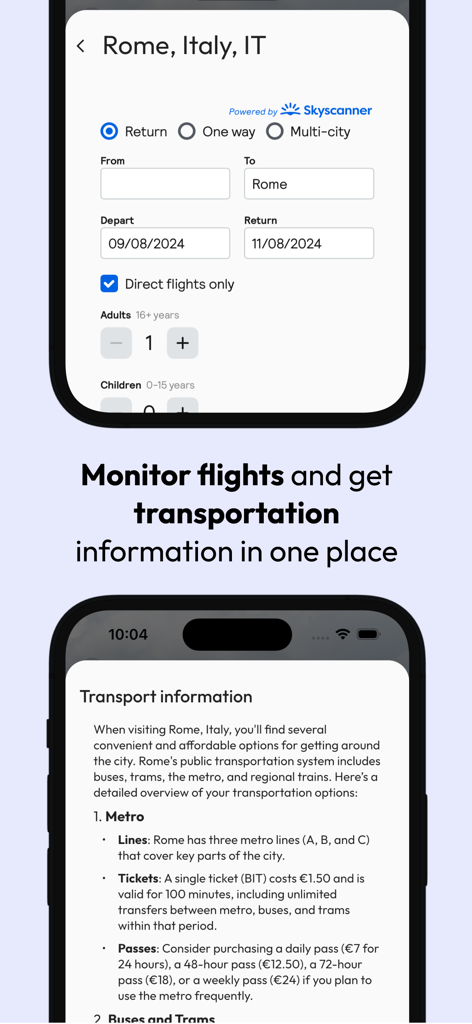 모바일 앱 스크린샷으로 이탈리아 로마 여행의 항공편 검색 및 현지 교통 정보를 보여줍니다.