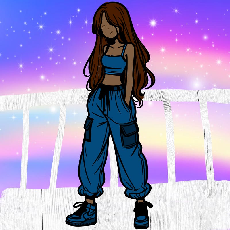 girl in baggy pants crop top and long hair