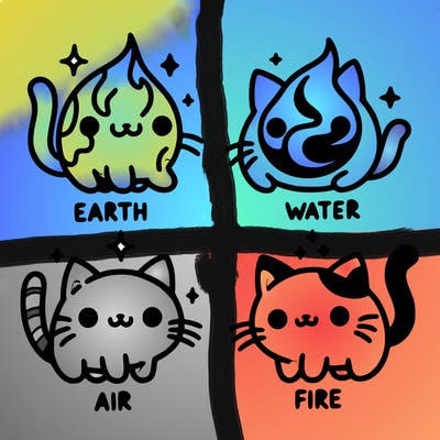 4 cats that represent the different elements, earth, water, air, and fire