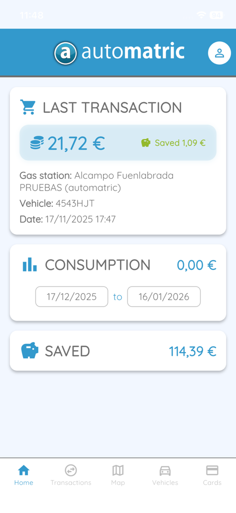 automatric - Pantalla de inicio de la aplicación Automatric que muestra el historial de transacciones de combustible y el resumen de ahorros totales.