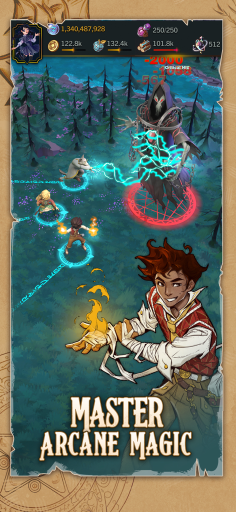 Characters using spells to battle a large dark spirit in Witch Arcana Magic School